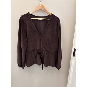 MADEWELL Women's Purple Velvet Ribbed Faux Wrap V Neck Balloon Sleeve Top Sz XL